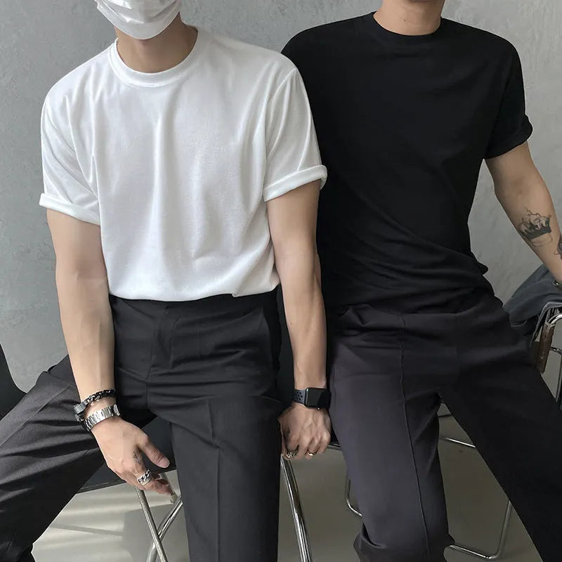 Men's slim fit cotton t-shirt with round neck and half sleeves in solid black colour