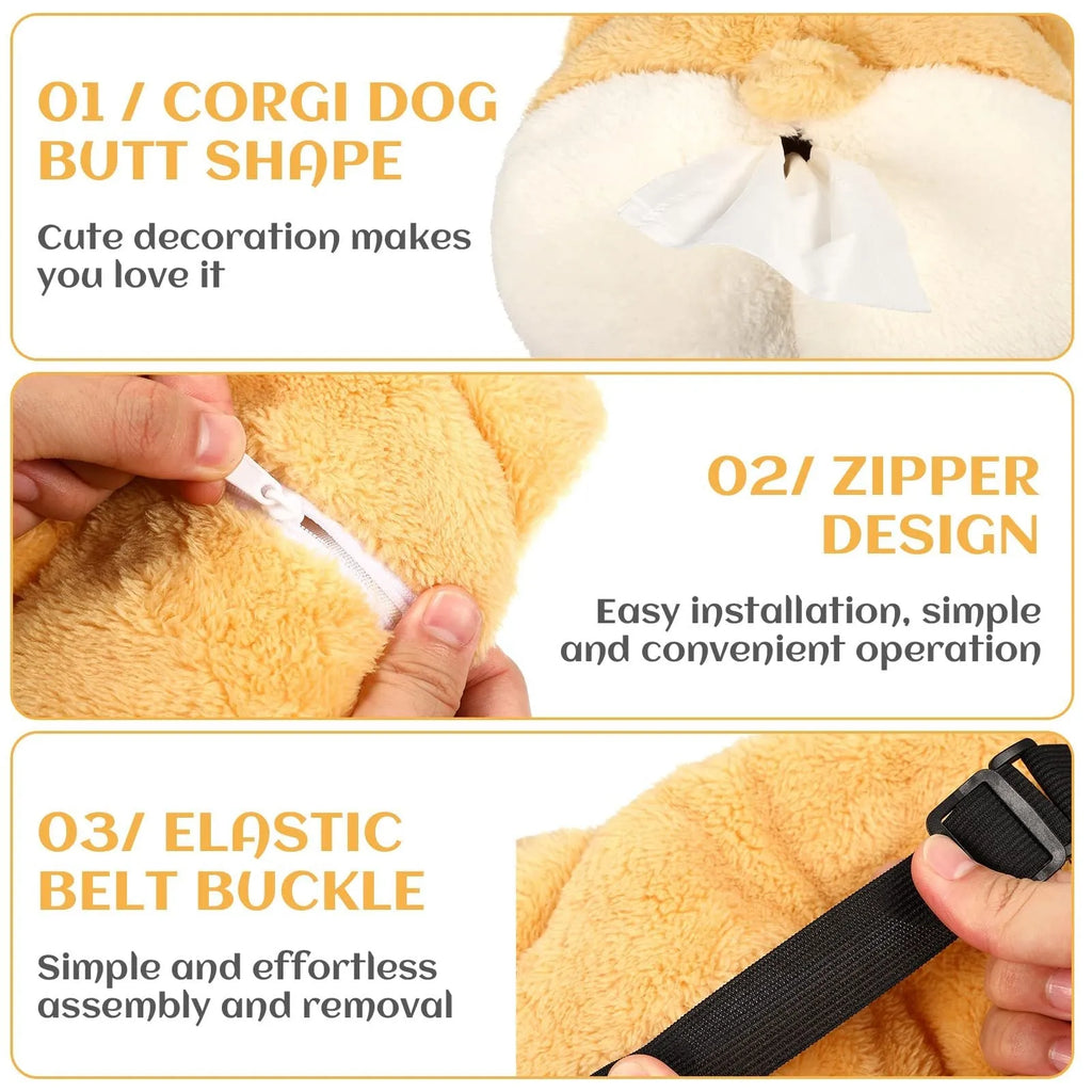 Yellow corgi butt shaped soft polyester car tissue box cover hanging on a sun visor.