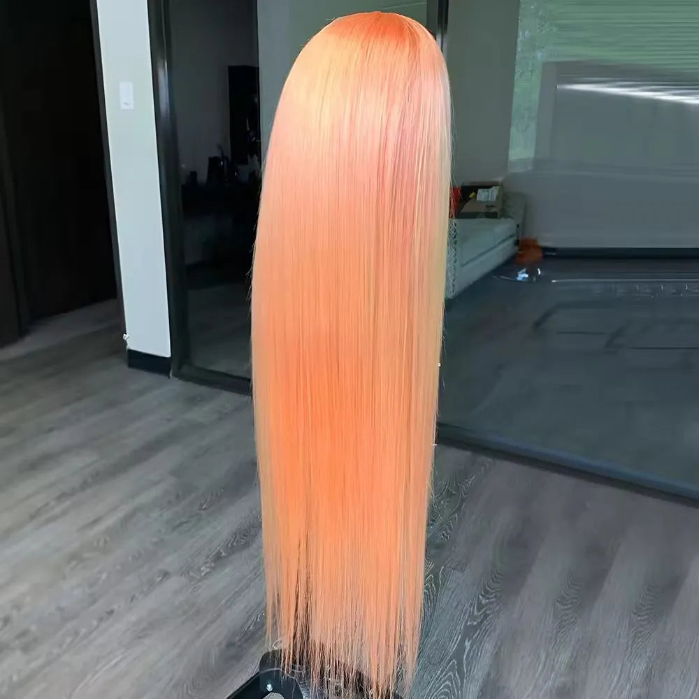 Light orange long straight synthetic wig with front lace and side bangs on a model.