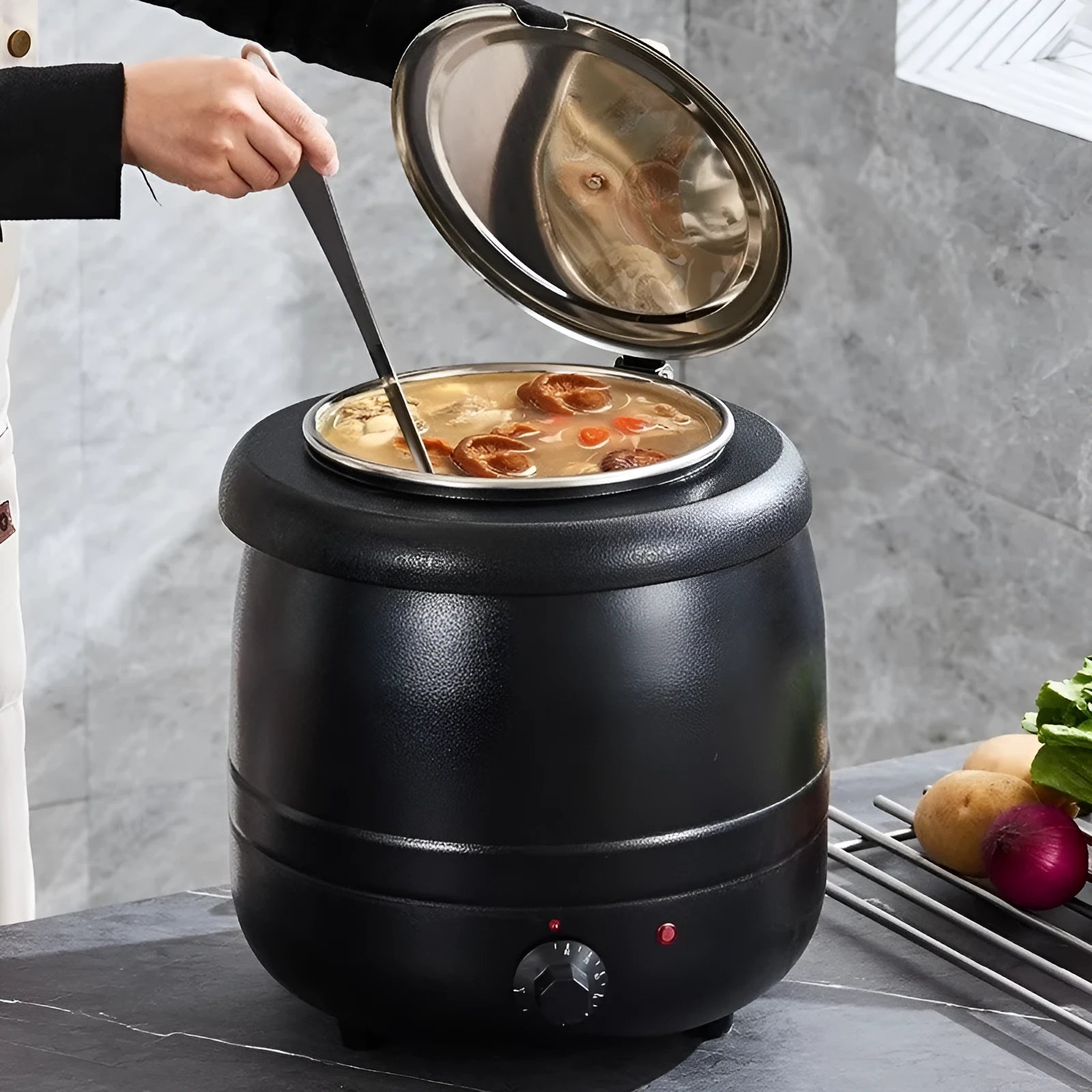 Black stainless steel 10-litre electric heating soup pot with large mouth cover
