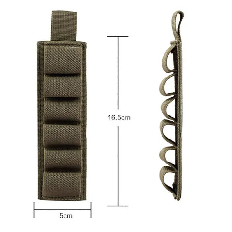 Tactical 6-hole loose sticker bag made from 1000D nylon in army green, shown with dimensions 5cm by 16.5cm.