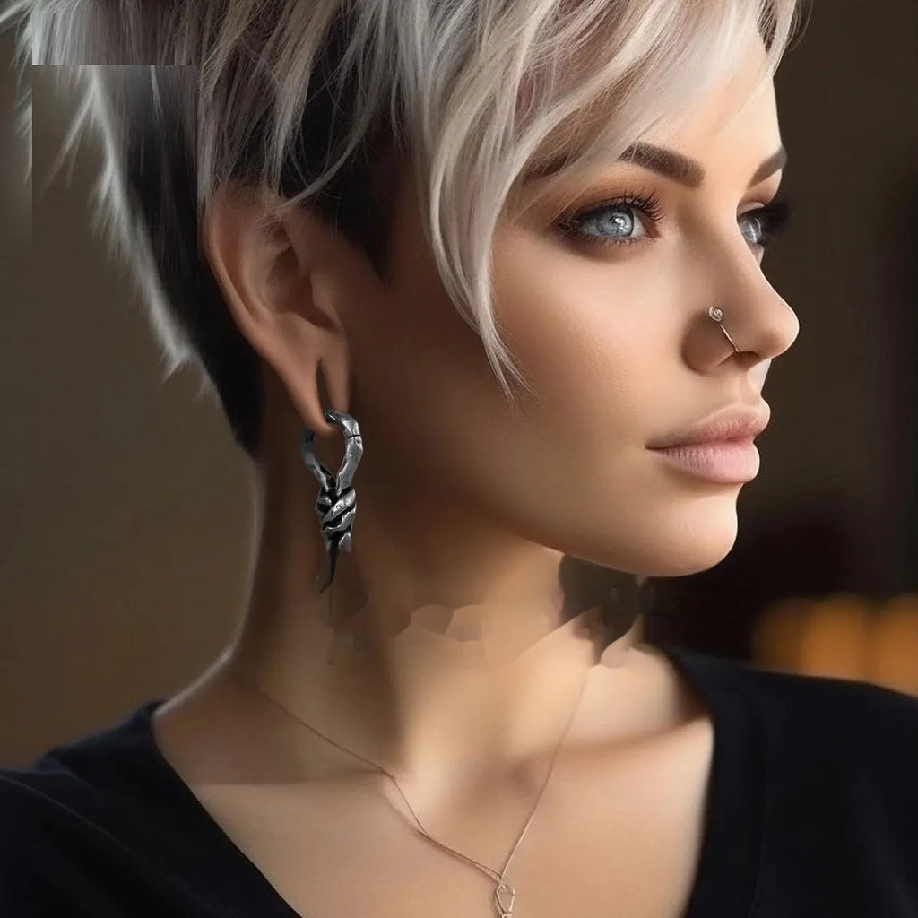Copper piercing earrings with bend and hitch design for auricle placement measuring 4mm
