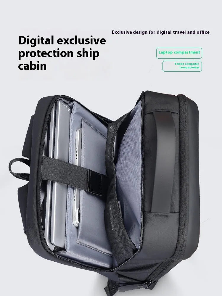 Graphite grey USB business backpack with Oxford cloth construction and visible stitching details