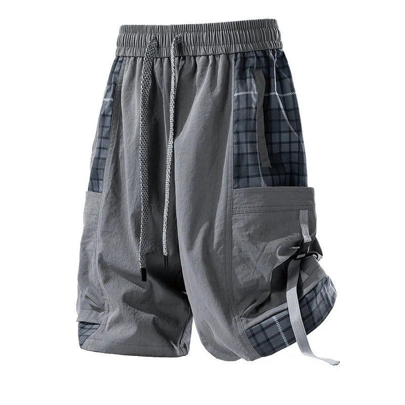 Men's loose plaid stitch cargo shorts in black, light grey, or smoky grey colours.