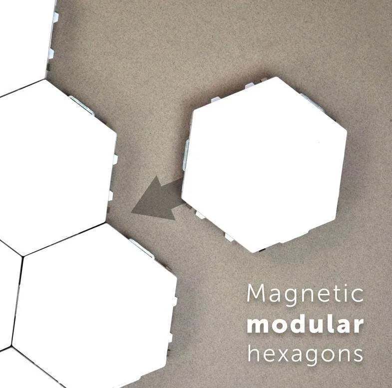 Helios modular honeycomb touch-sensitive wall lamp panels assembled in a geometric pattern on a wall.