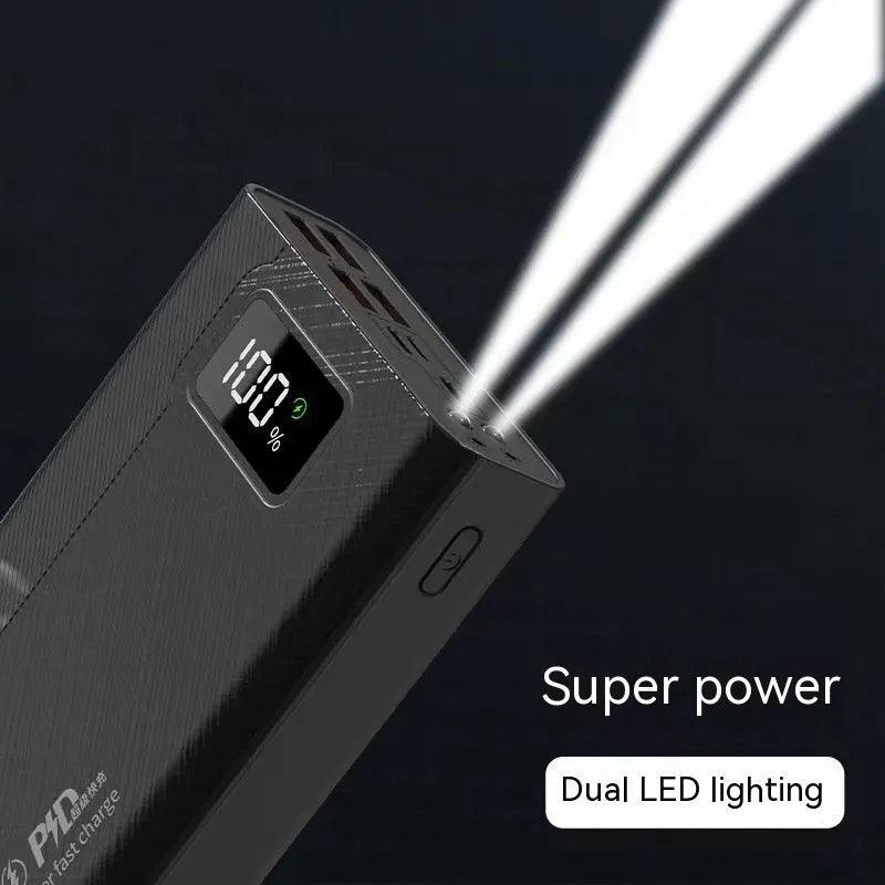 Large capacity power bank in black plastic shell showing compact rectangular design with charging ports