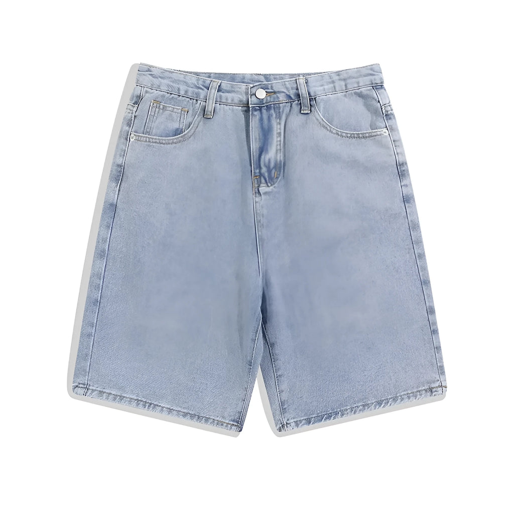 Men's light blue denim shorts showing straight leg and five-pocket design
