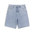 Men's light blue denim shorts showing straight leg and five-pocket design