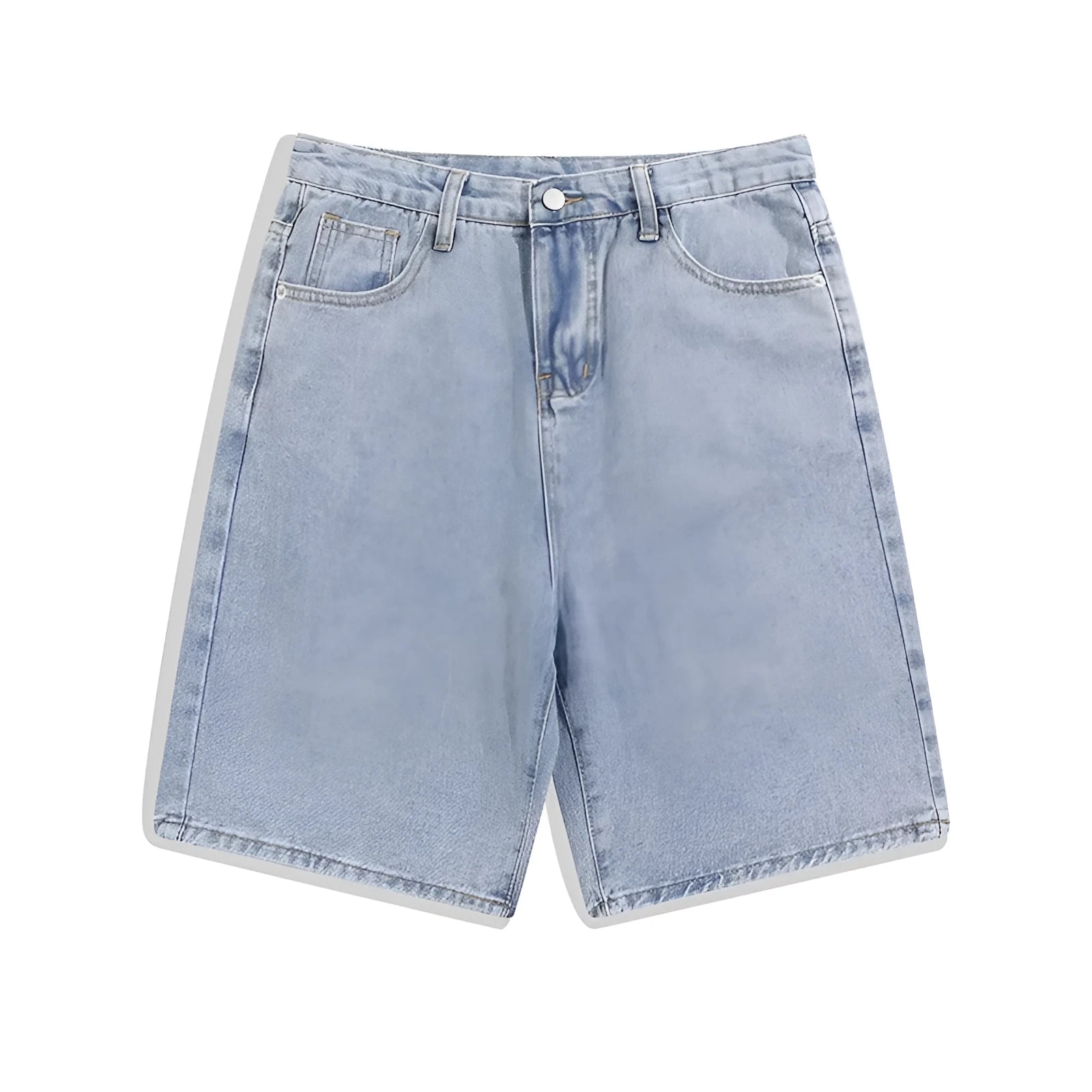 Men's light blue denim shorts showing straight leg and five-pocket design