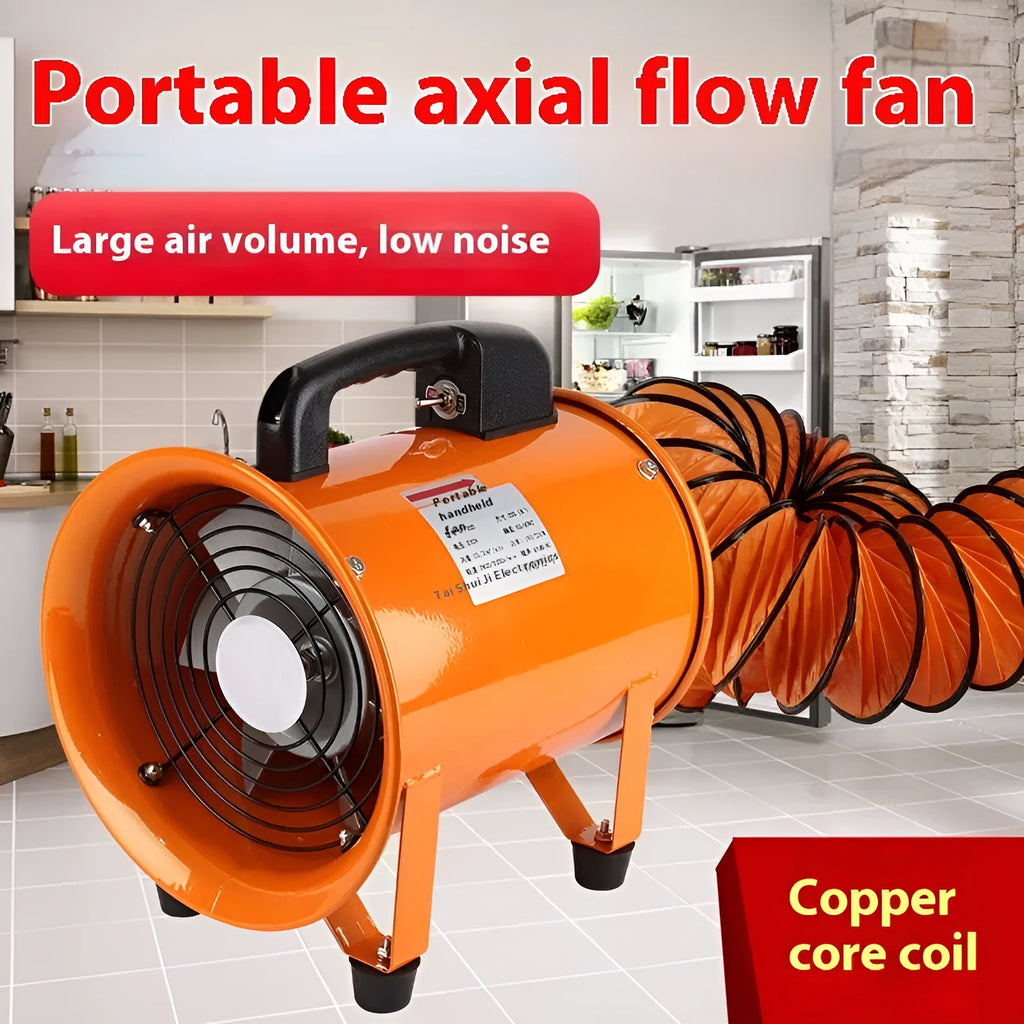 Portable industrial axial flow fan with titanium steel construction and extended air duct for workshop ventilation