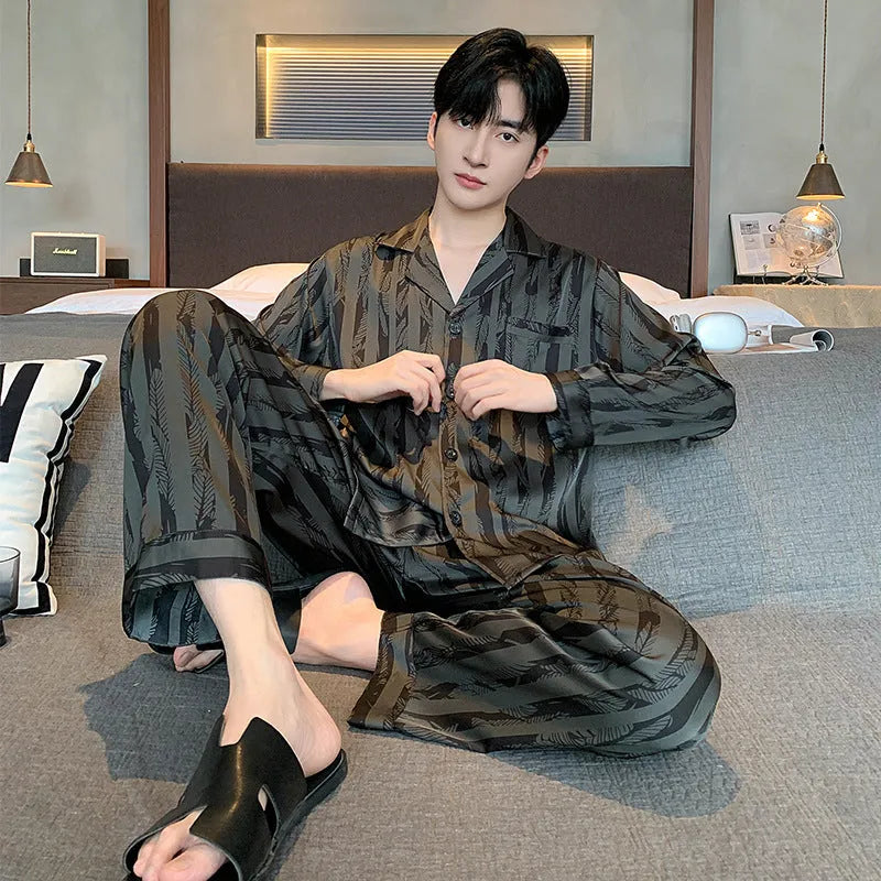 Men's black striped Ice Silk pajama set with long sleeves and trousers.
