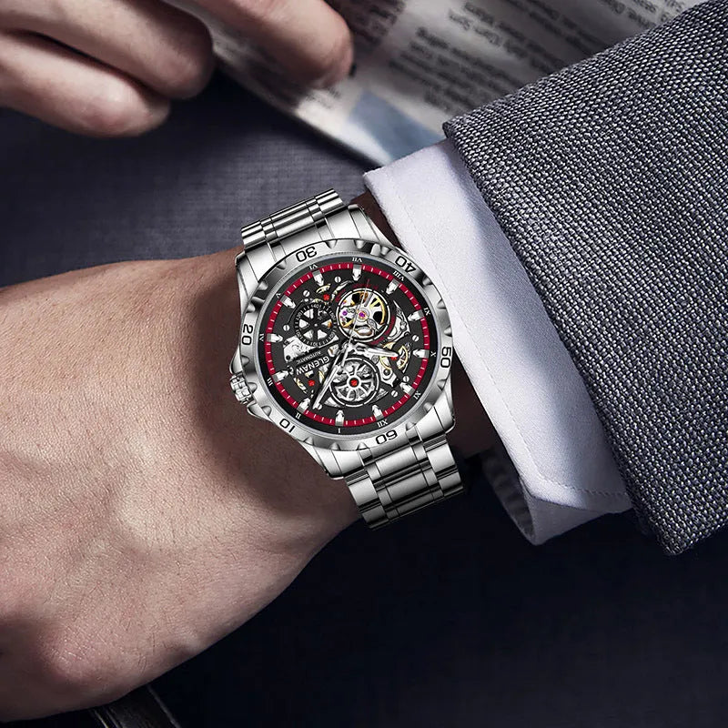 Silver double-sided hollow-out automatic mechanical men's watch with luminous dial and stainless steel strap