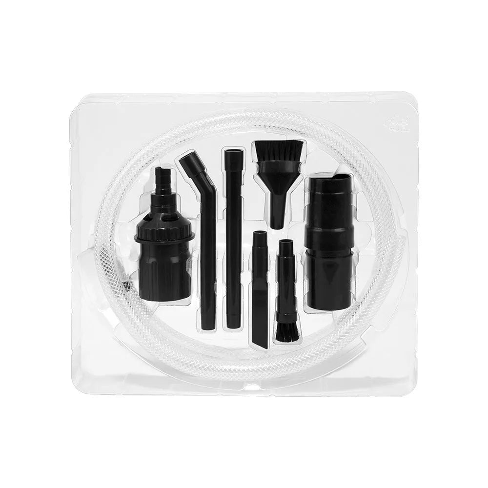 Eight different vacuum cleaner suction head attachments laid out showing various designs for specialised cleaning