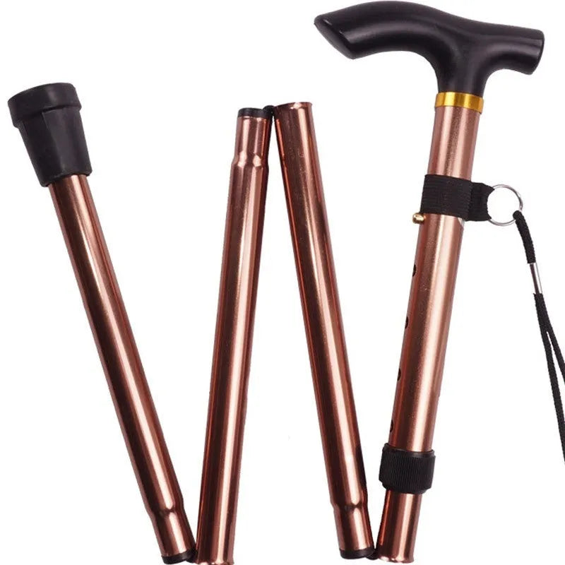 Aluminum alloy folding walking cane extended to show adjustable height mechanism and non-slip handle