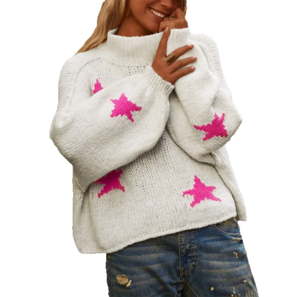 White women's turtleneck pullover with five-pointed star pattern and velvet-like fabric