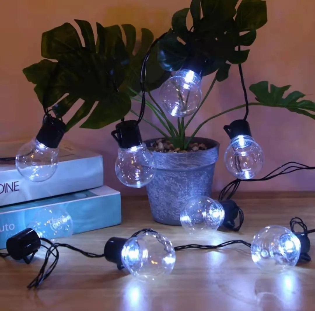 10-metre solar powered decorative light string with 40 LED lights and black cable for outdoor festival use