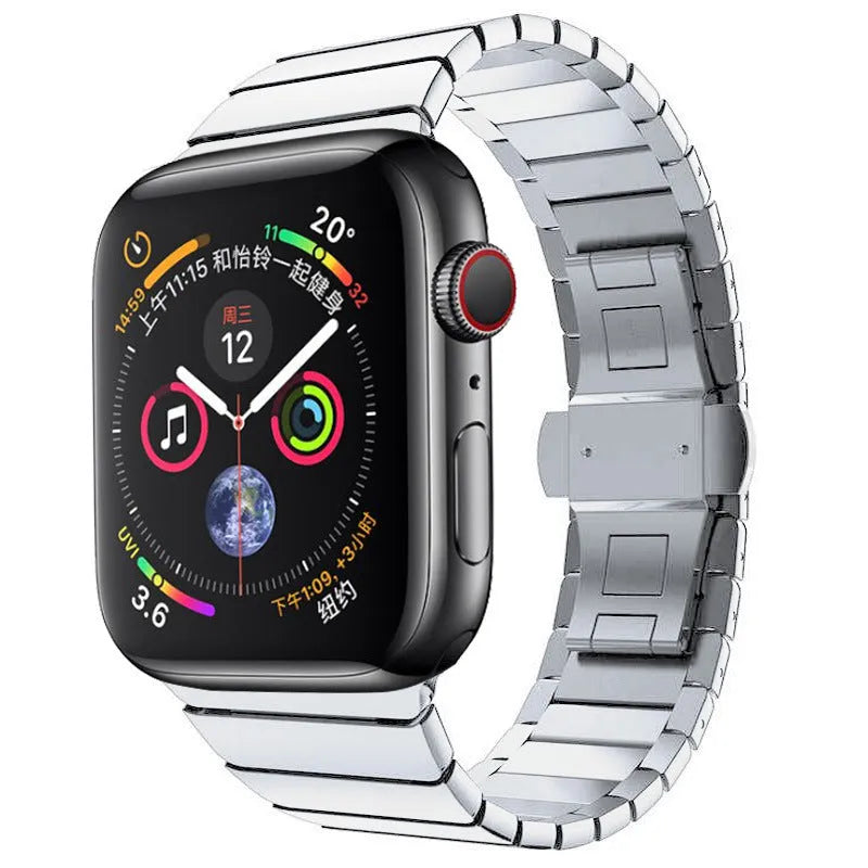 Silver metal chain link watch band with butterfly buckle clasp for Apple Watch