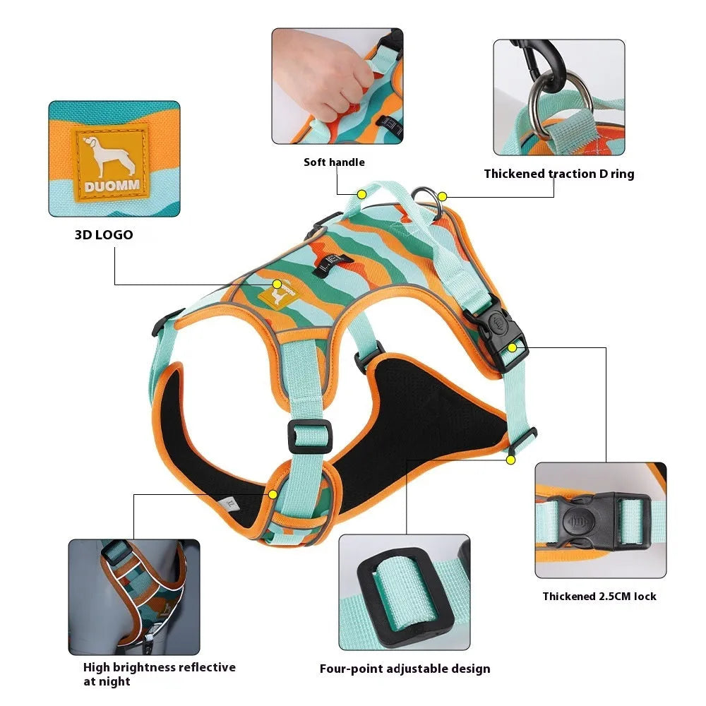 Reflective dog walking harness with chest and back design in oxford cloth construction