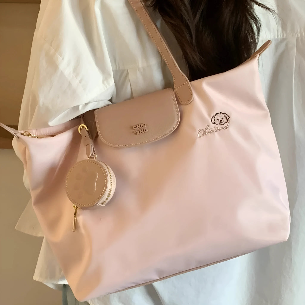Oxford cloth tote shoulder bag with sandwich pocket in pink colour