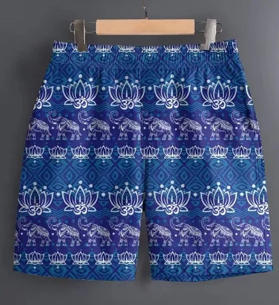 Men's casual polyester shorts in striped, plaid, and camouflage patterns for outdoor sports.