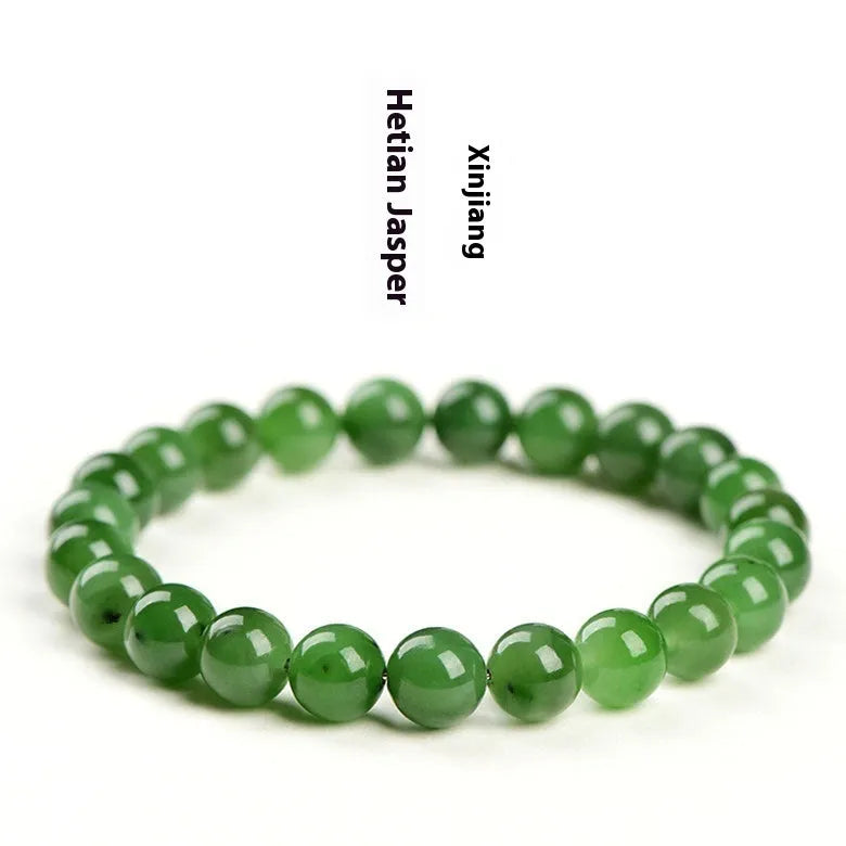 Natural Jasper Hetian jade bead bracelet in various sizes on a white background.