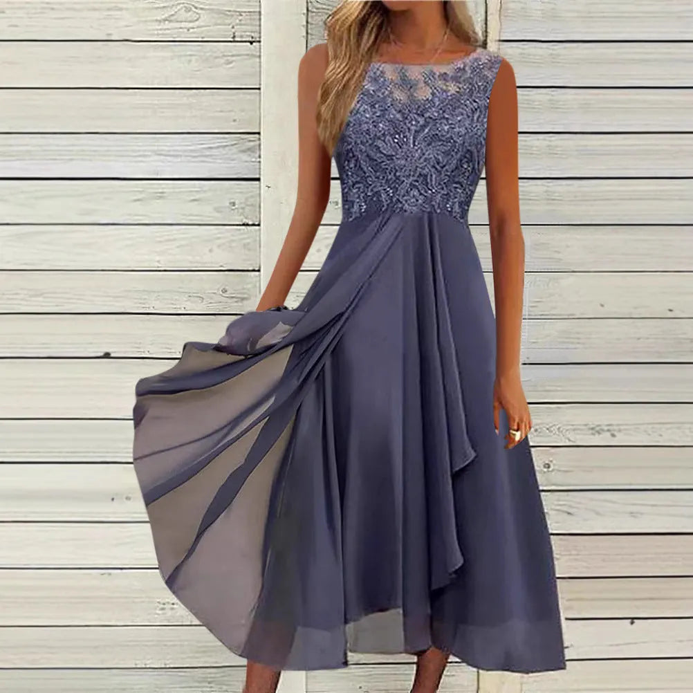Women's sleeveless chiffon dress with lace hollow-out detailing in princess style