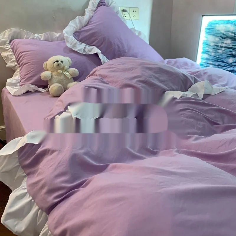 Washed cotton linen four-piece bedding set in solid colour with quilt cover, fitted sheet and pillowcases