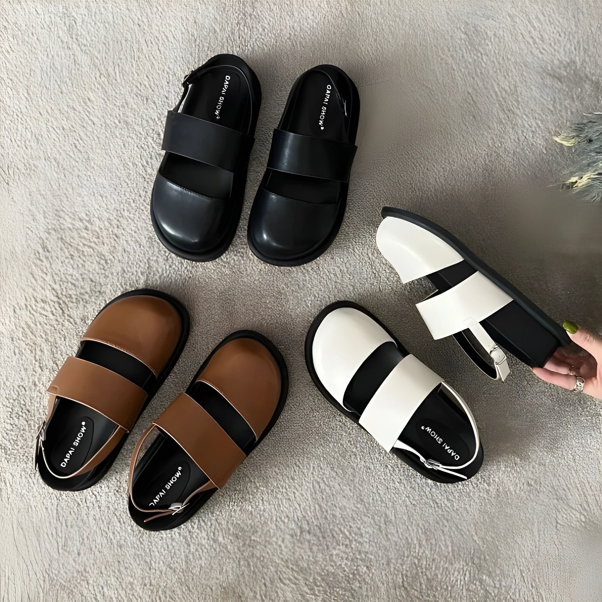 Women's retro apricot closed-toe sandals with an ankle strap buckle on a microfiber upper.