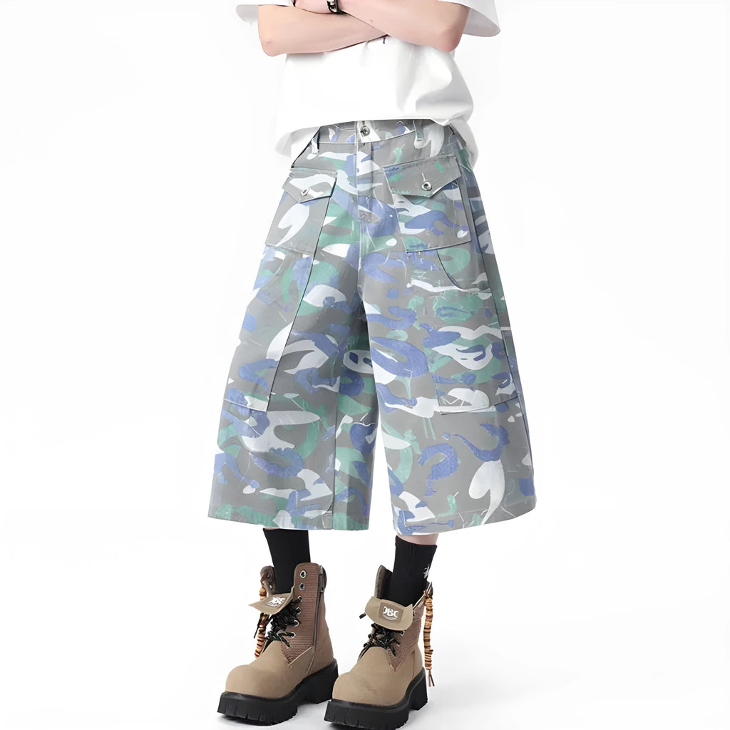 Camouflage cotton denim cropped trousers with straight leg cut and utility pockets
