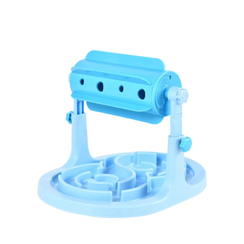 Interactive pet puzzle feeder bowl with adjustable height in blue, green, and pink colour options