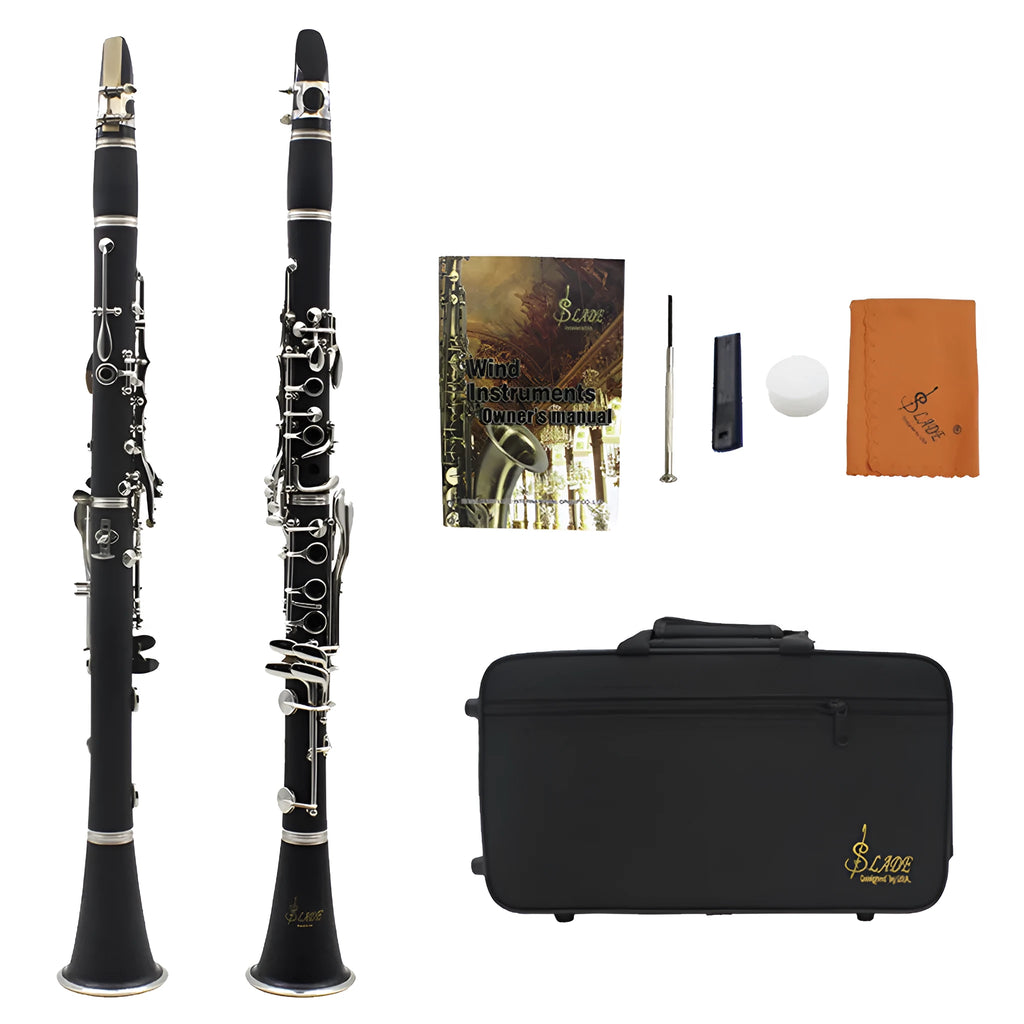 Black Bakelite beginner clarinet with nickel-plated keys beside its included carry bag