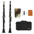 Black Bakelite beginner clarinet with nickel-plated keys beside its included carry bag