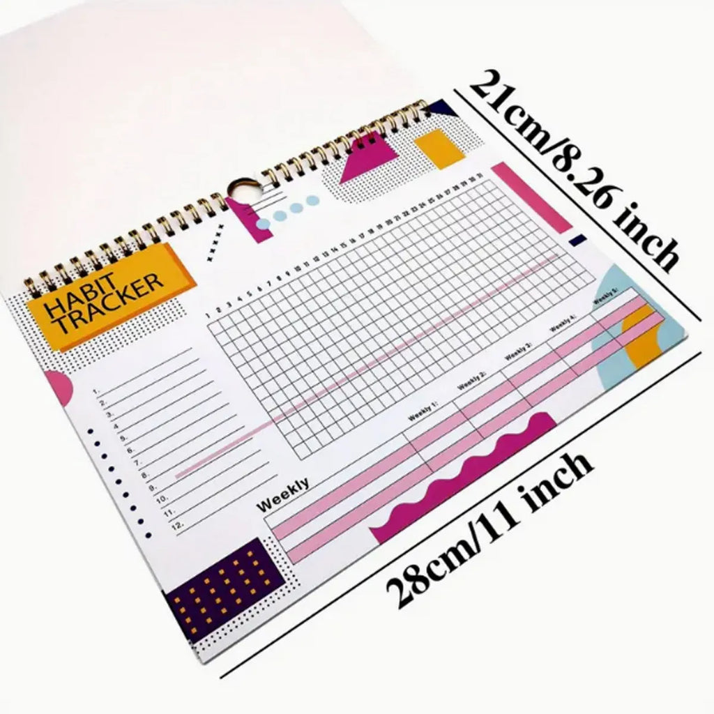 English habit tracking notebook with 12 pages in 21x28cm format showing four colour options