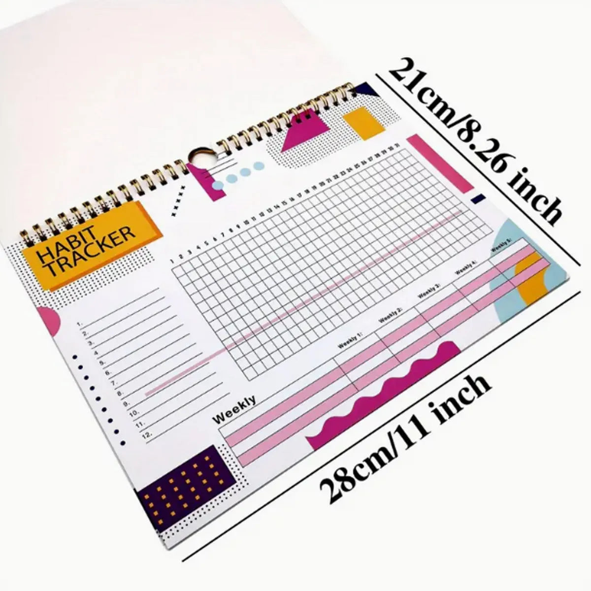 English habit tracking notebook with 12 pages in 21x28cm format showing four colour options