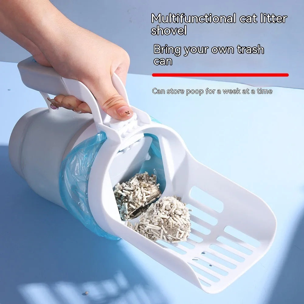 Grey foldable cat litter scoop and waste bin system with a non-slip handle and refill bags.