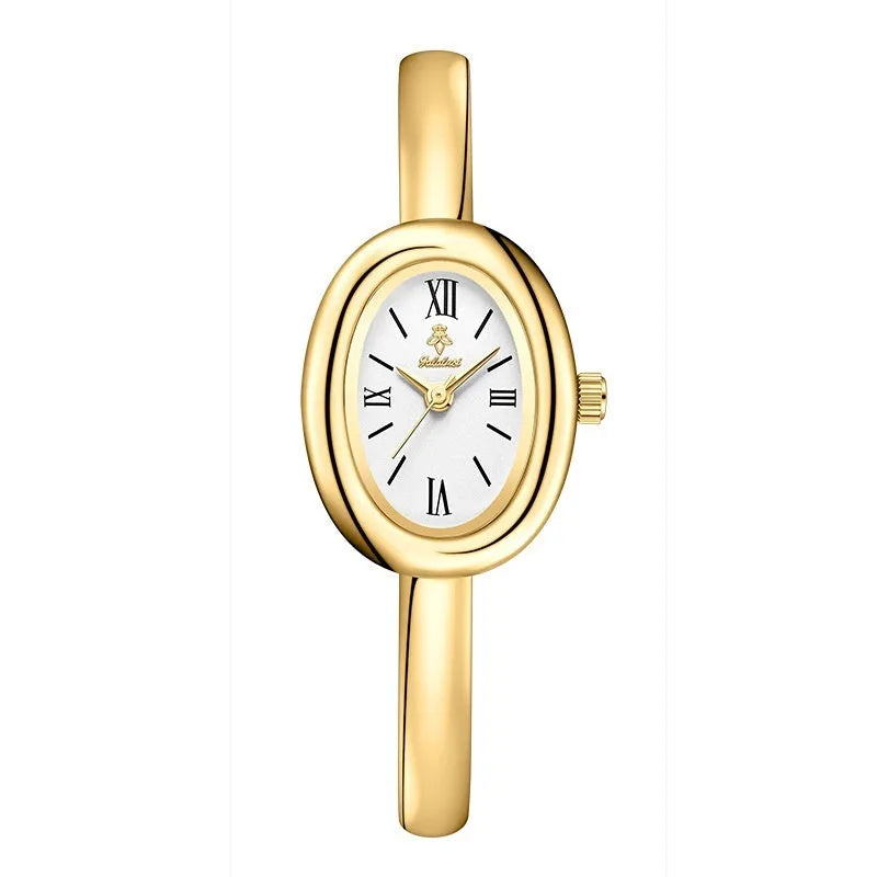 Women's oval retro quartz watch with 8mm thickness showing gold and spiral pattern colour options