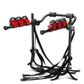 Black and red trunk mounted bike rack with protective sponge layer on car boot