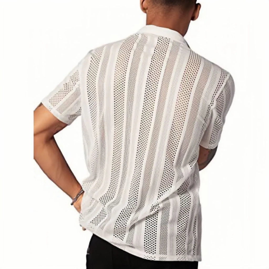 Men's white knitted short-sleeve button shirt with jacquard texture and regular fit