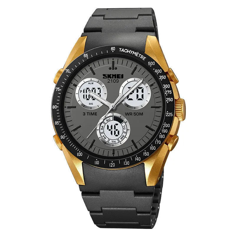 Unisex digital casual watch with camouflage strap and electronic display showing 50m water resistance.