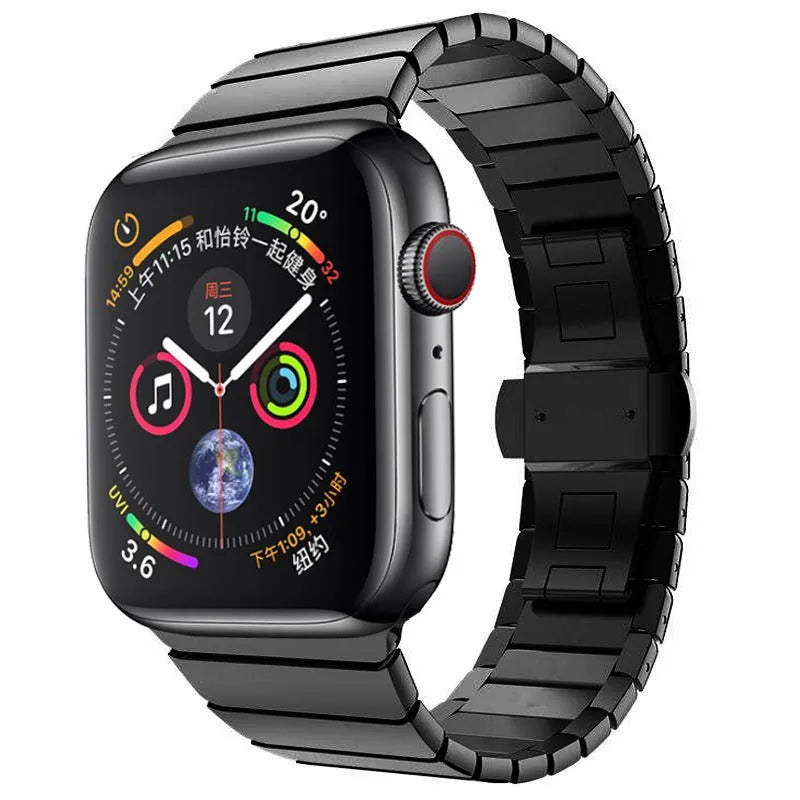 Silver metal chain link watch band with butterfly buckle clasp for Apple Watch