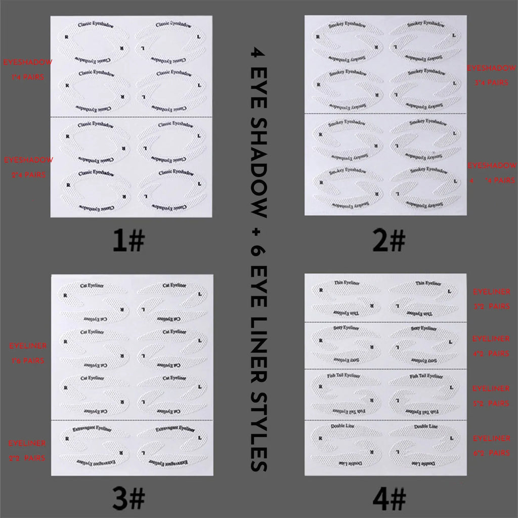Set of four reusable eyeliner sticker templates showing different winged eyeliner and eyeshadow designs