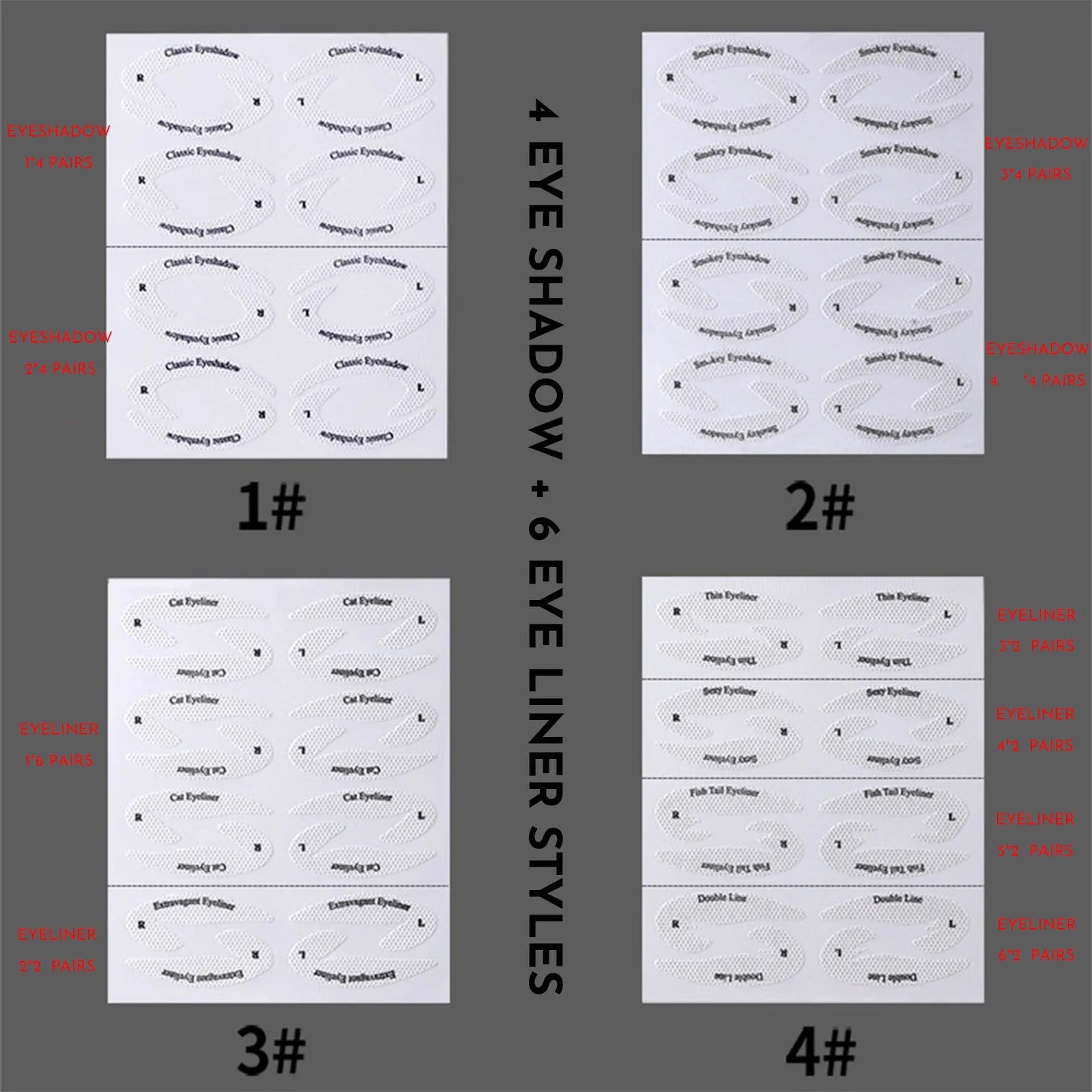 Set of four reusable eyeliner sticker templates showing different winged eyeliner and eyeshadow designs