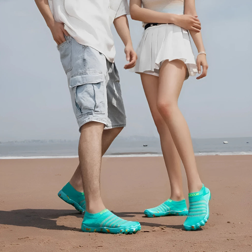 Men's camouflage flyknit water shoes with rubber sole and lace-up front.
