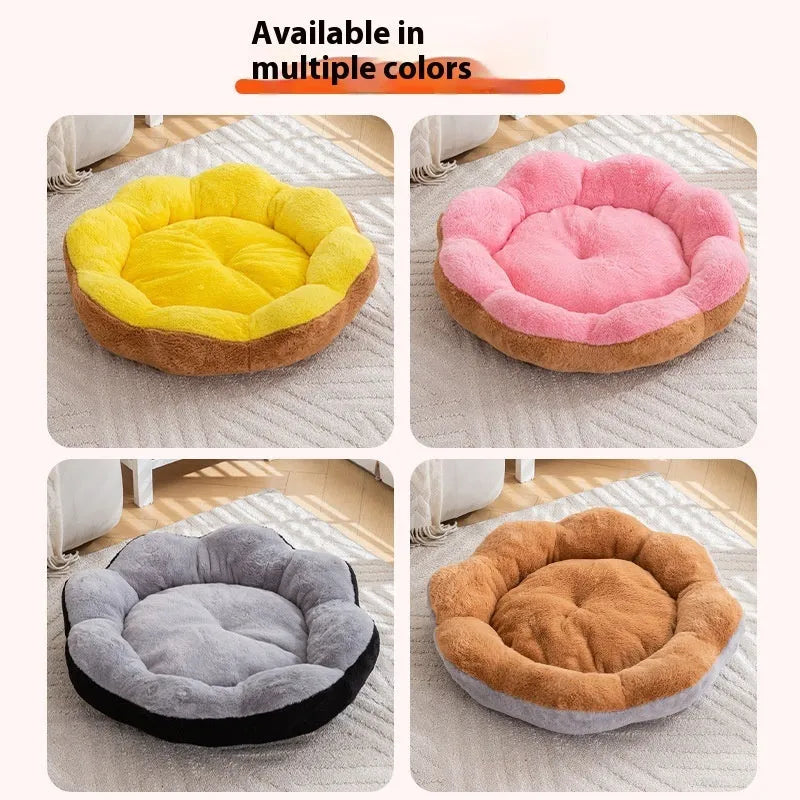 Round rabbit plush cat bed with thick material and detachable washable cover in brown grey colour