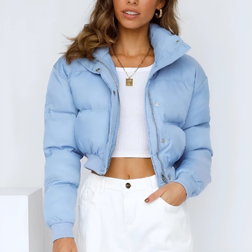 Women's loose fit polyester jacket in blue with long sleeves