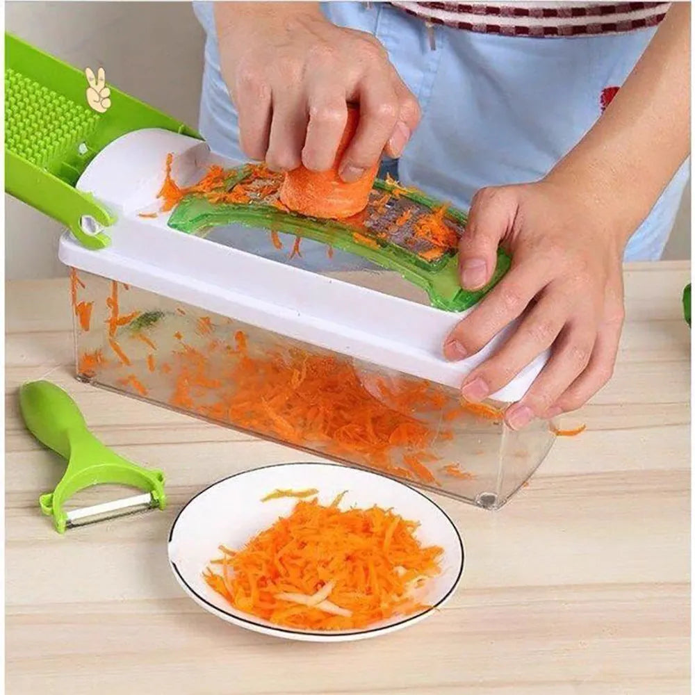 Green manual vegetable chopper with stainless steel blades and handheld design for kitchen food preparation