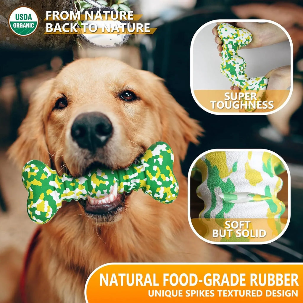 Natural rubber dog chew toy in camouflage pattern with bone shape, shown in green, white and yellow colours