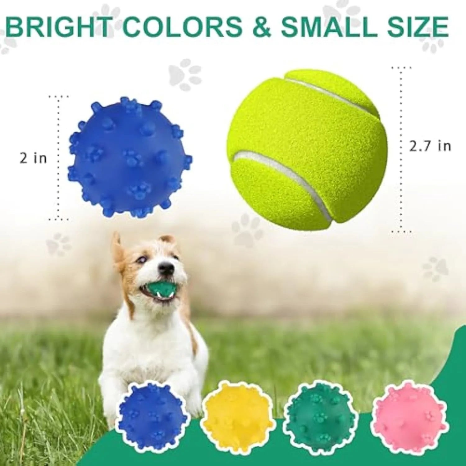Four bright coloured spiky dog balls with paw print dimples, 2-inch diameter for small breed puppies