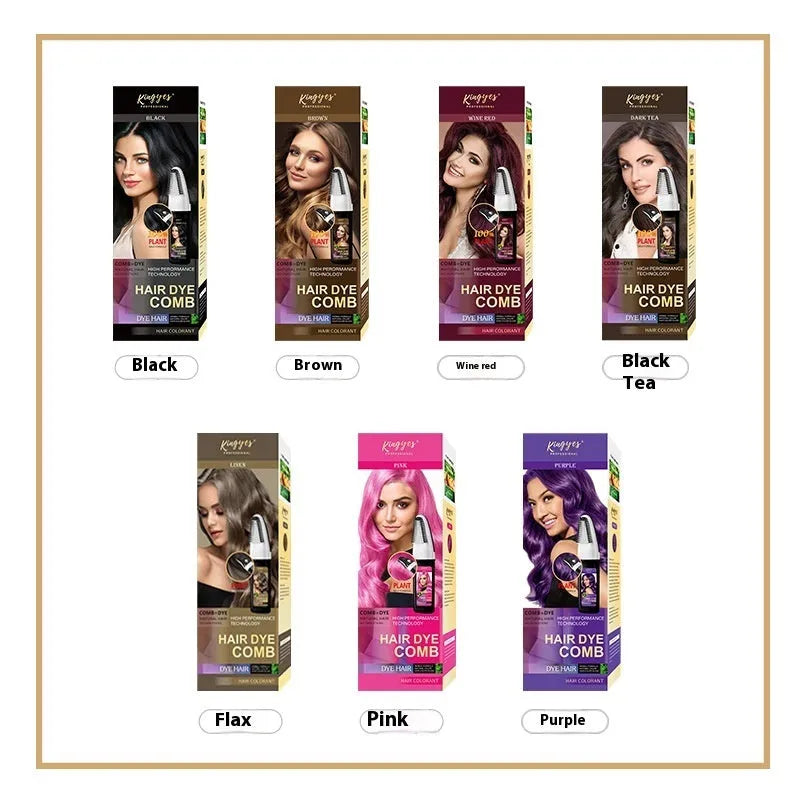 Hair dye kit with easy-colour comb applicator showing black, wine red, brown, and dark brown 200ml bottles