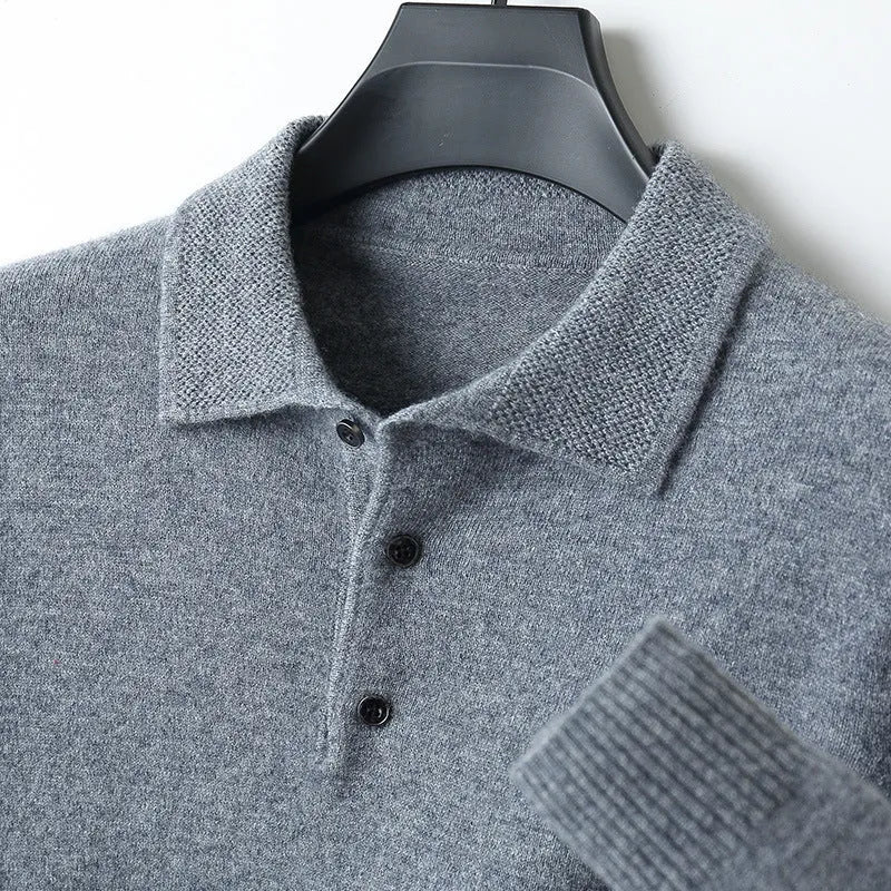 Men's woolen polo collar sweater pullover in black with long sleeves and stitched craft detail